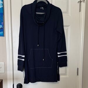 Long Sleeve Hooded Tunic Dress in Navy with White Sleeve Stripes